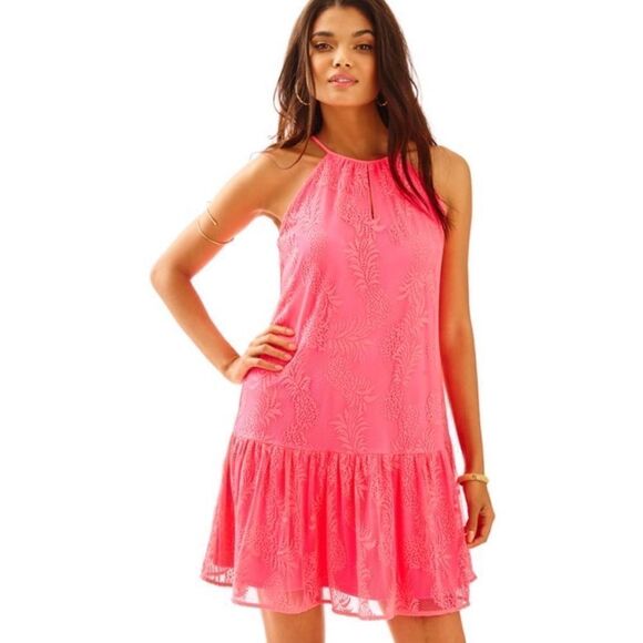 NWT Lilly Pulitzer Isabeau Drop Waist Pineapple Knit Lace Dress in Bungalow Pink - Picture 1 of 10